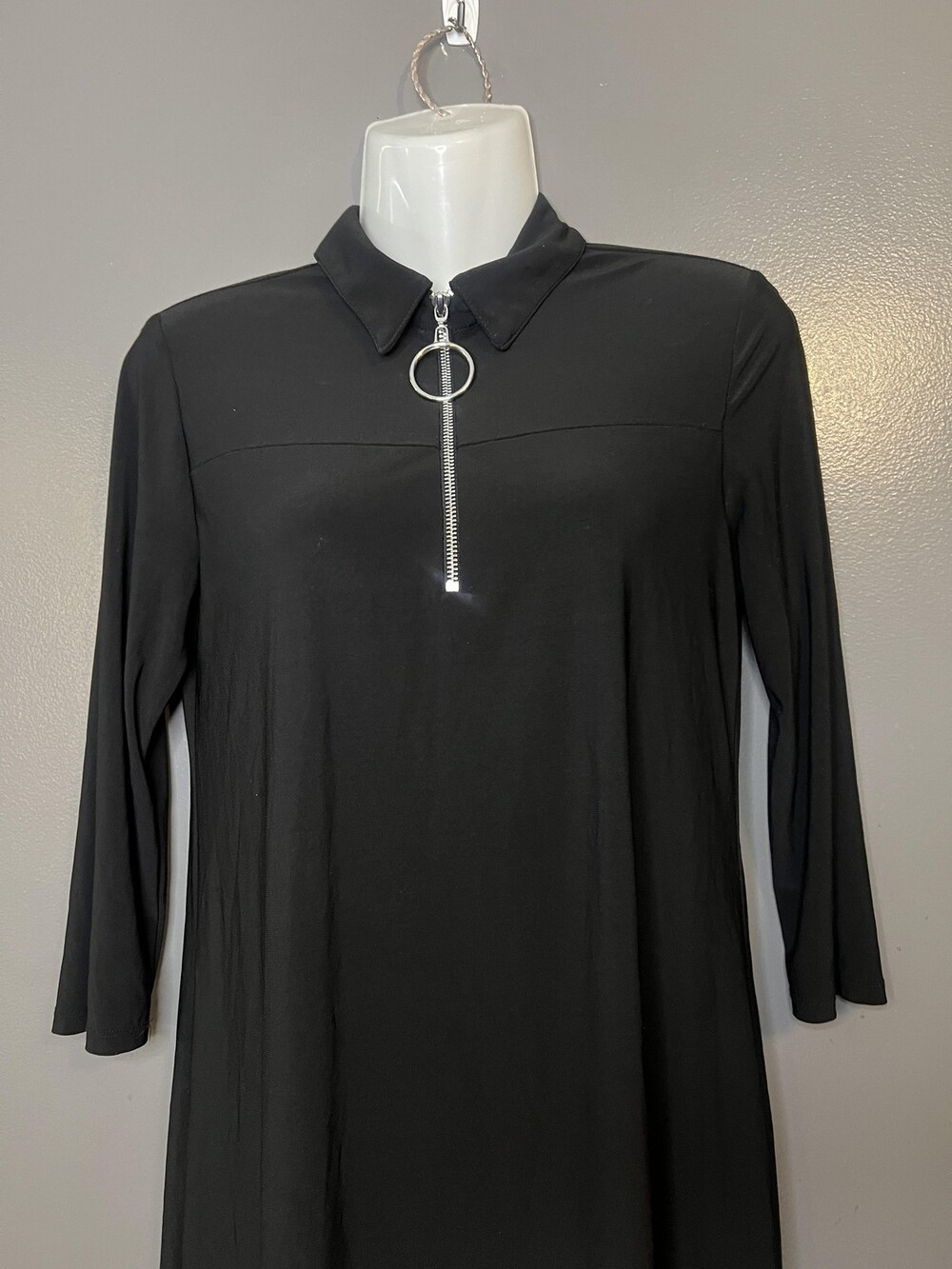 MSK Dress Womens Petite Medium Black Zip Front Collared Shift 3/4 Sleeve